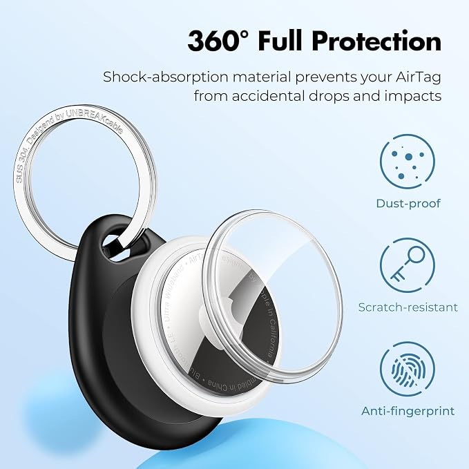 UNBREAKcable for Apple AirTag Holder - 4 Pack [Fit Tightly Design] [Easy to Install] [Hold Air Tag Securely] Waterproof TPU Shell Protective Case with 304 Stainless Steel Keychain Key Ring