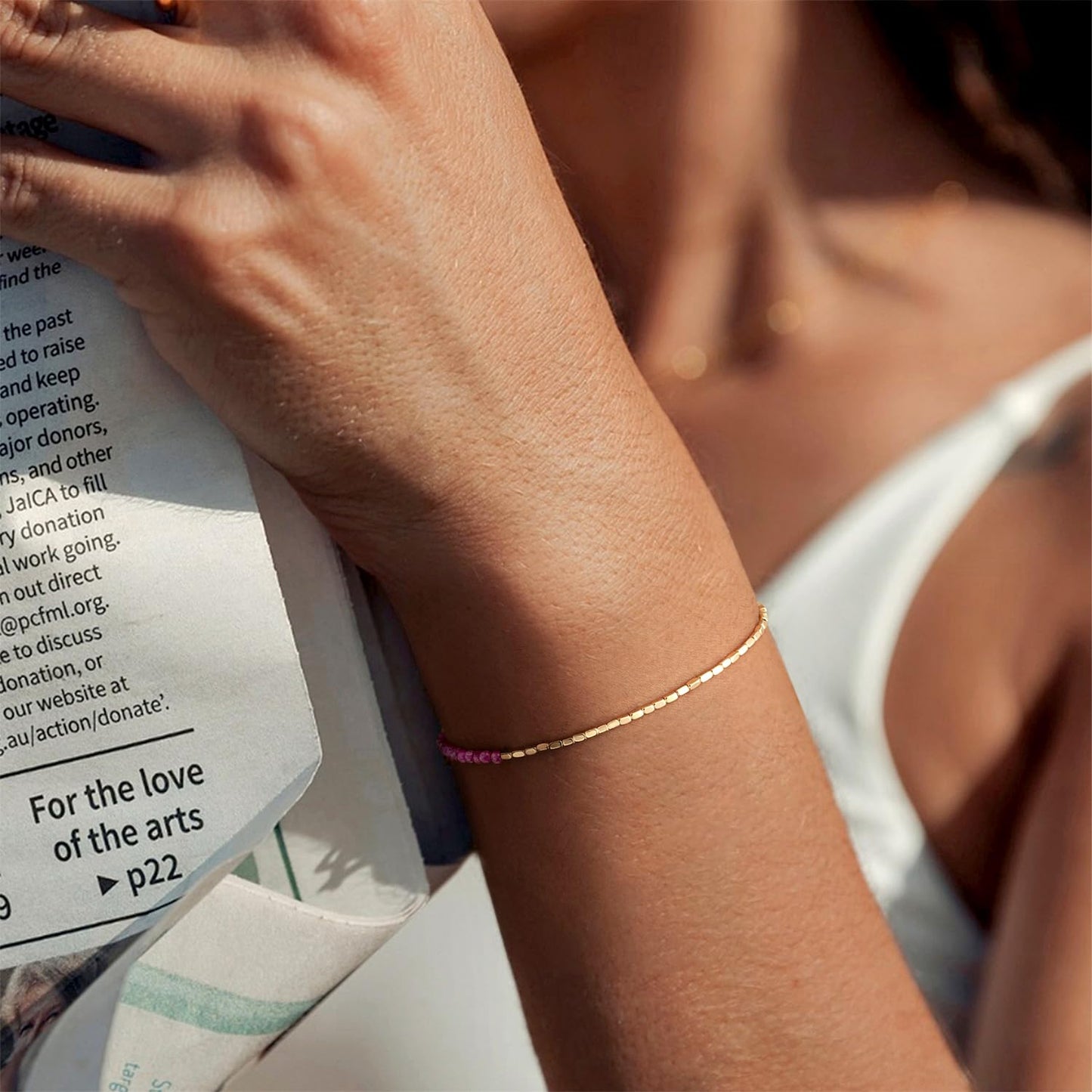 MYEARS Women Beaded Bracelet Gold Gemstone Ruby 14K Simple Dainty Handmade Chain Everyday Boho Beach Jewelry