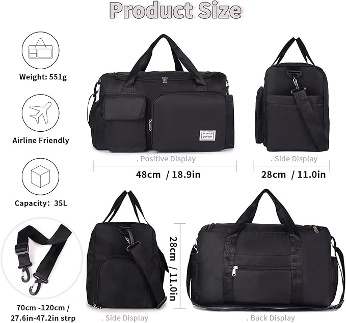 FIORETTO Women's Gym Duffle Bag with Shoes Compartment, 37L Capacity, Ideal for Travel, Gym, Sports, Duffel, Weekender