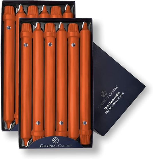 Colonial Candle Unscented Taper Candle, Classic Collection, Pumpkin, 10 In, Pack of 12 - Up to 8 Hours Burn