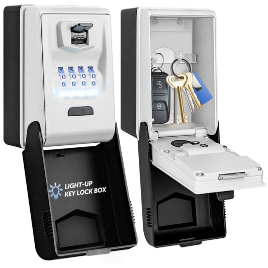 HUANLANG Key Lock Box Wall Mount - Outdoor Combination Lock Box with 6 Dials Light Up, Waterproof Key Safe Large Capacity for House Office Garage School