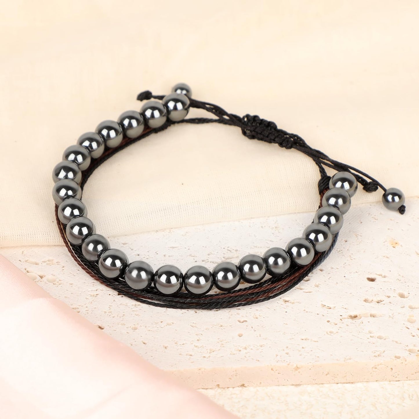 LPBeads 8mm Hematite Bracelet with Handmade Rope Bracelet Size Adjustable Natural Stone Crystal Healing Bracelets Gifts for Unisex Adults