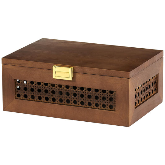 VinneGenzz Decorative Rattan Storage Boxes Solid Wood Woven Baskets Bins with Lid Keepsake Memory Jewelry Box Natural Boho Shelf Wicker Closet Desk Organizer Container (Walnut Color, Small Size)