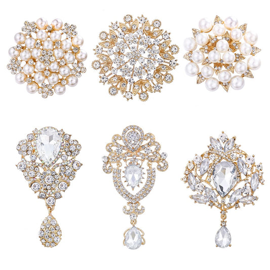 MEEDOZ Crystal Rhinestone Flower Brooch Pin Set for Women DIY Bridal Wedding Bouquet Kit (Gold-tone 6pcs)