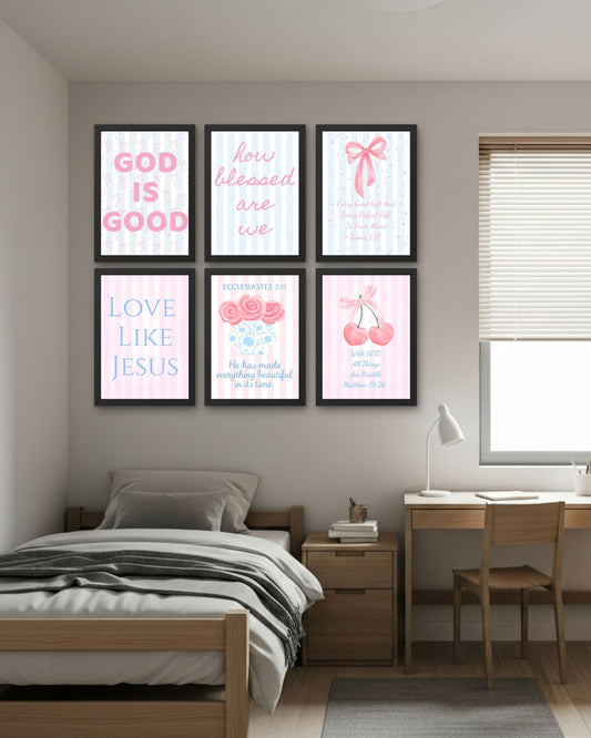 Coquette Pink & Blue Bow Wall Art Decor Posters - Blue & Pink Bow Christian Room Bedroom Bathroom Dorm Wall Art - Christian Inspirational Bible Verses - For College Teen Girls & Boys Gifts- Set Of 6 Pieces 8 x 10 Inch (UNFRAMED)