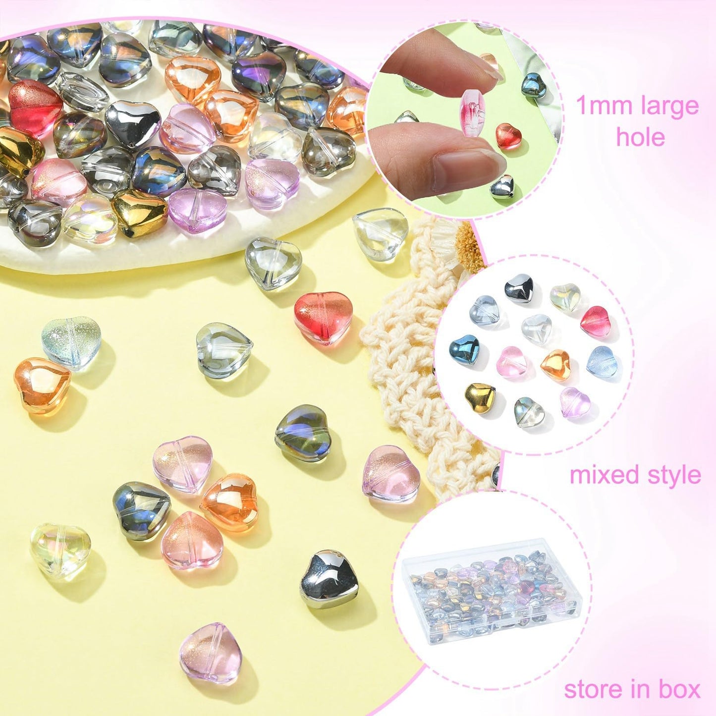 UR URlifehall 100 Pcs Heart Electroplate Transparent Glass Beads with Glitter Gold Colorful Heart Shaped Glass Beads for Keychain Jewelry Making