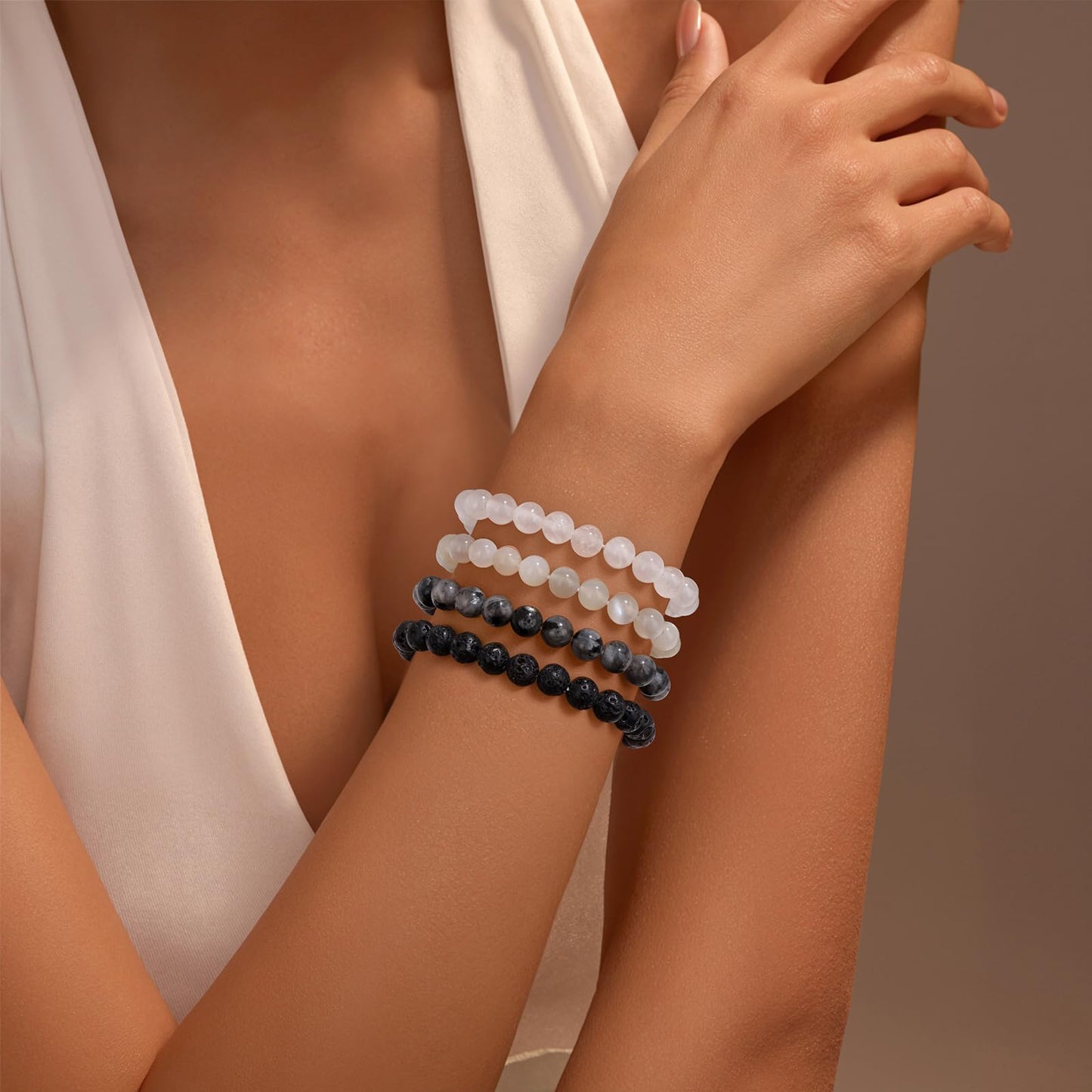 Vinswet Healing Crystal Bracelets for Women Men 6mm Selenite Natural Stone Beaded Stretch Bracelet Handmade Gemstone Reiki Spiritual Jewelry Gifts