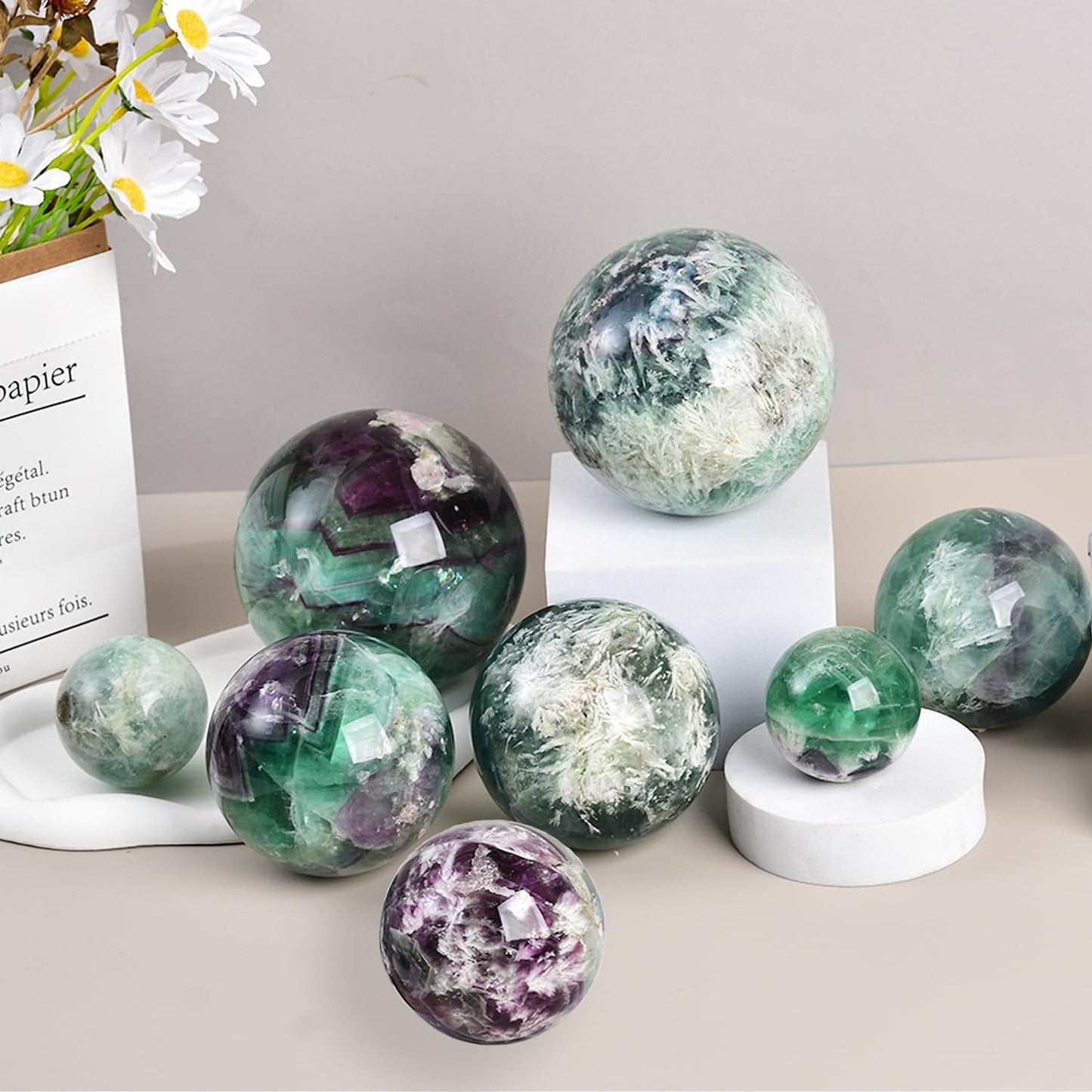 JIC Gem Large Crystal Ball Feather Fluorite Healing Crystals Sphere with Wooden Stand Meditation Home Decor 3.5-4 inch (90-100mm)