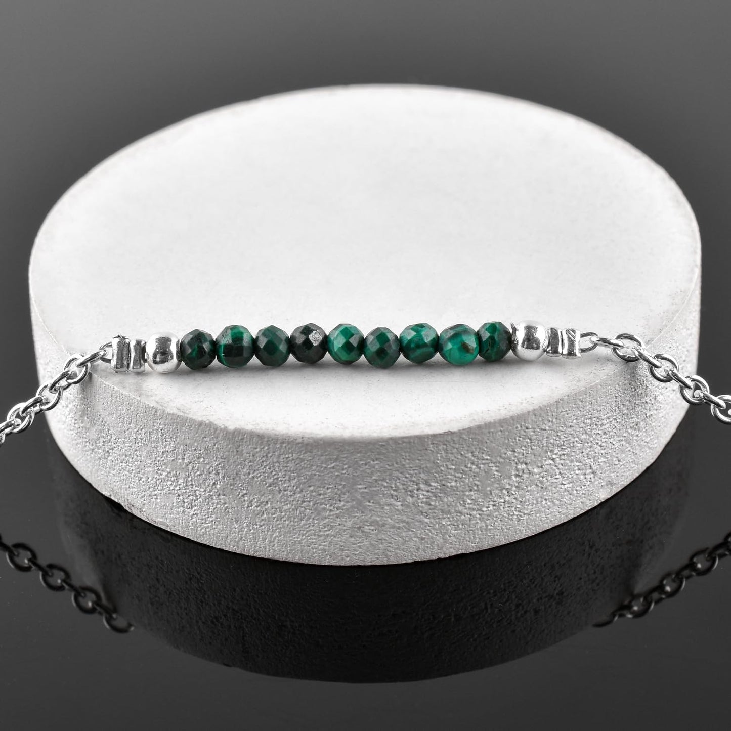 YANARA Malachite Ankle Bracelet for Women Jewelry, Natural Birthstone, Gemstone Beads, Handmade Dainty Anklet 9"+1.25" inch, 3mm Rounds, Chakra Energy Crystals, Silver Plated Chain
