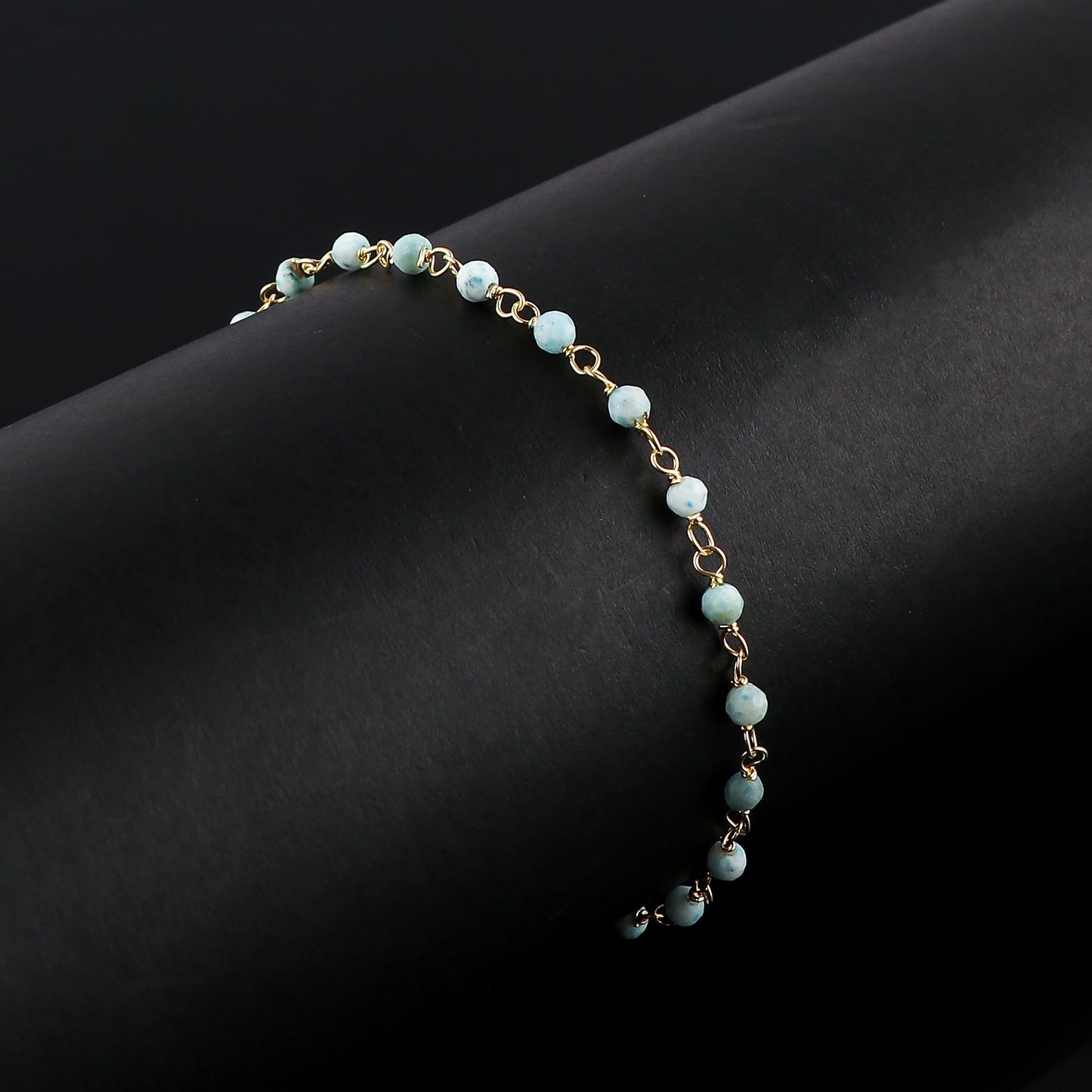CRYSTALINES Natural Sky-Blue Larimar Gemstones Bracelet Handmade Hypoallergenic Gold Plated Jewelry for Women Healing Crystals Microfaceted Beads Rosary Chain Boho Birthday Bracelet, 7+1inch
