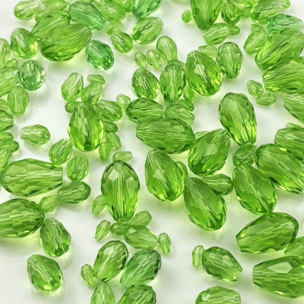 Xinhongo 340pcs Teardrop Crystal Glass Beads 3x5mm 4x6mm 6x8mm 8x12mm 10x15mm Vertical Hole Faceted Glass Spacer Beads for Necklace Bracelet Earrings DIY Jewelry Crafts(Light Green)