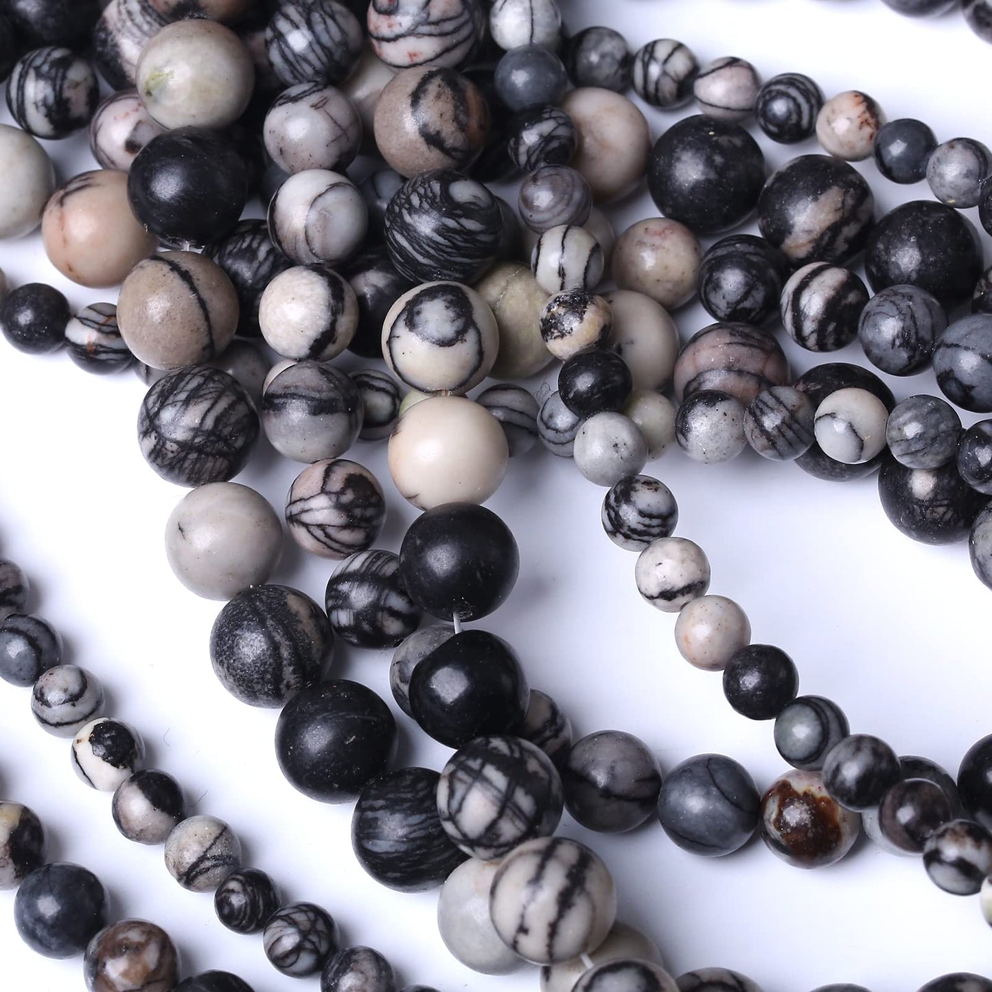 32PCS 12MM Natural Black net Work Beads Round Loose Stone Beads for Jewelry Making DIY Energy Stone Healing Power Bracelet 15"