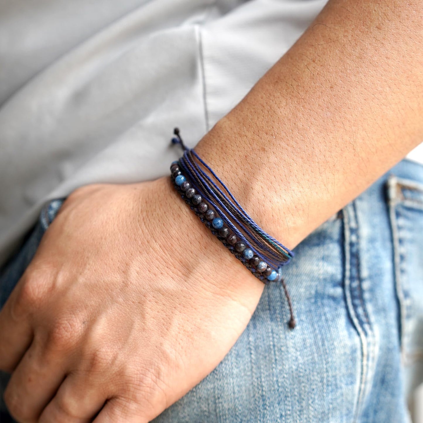 Handmade Natural Stone Beaded Healing Bracelet Gift for Men Adjustable Rope String Bracelet (DarkBlue/Coffee Jasper, Adjustable)