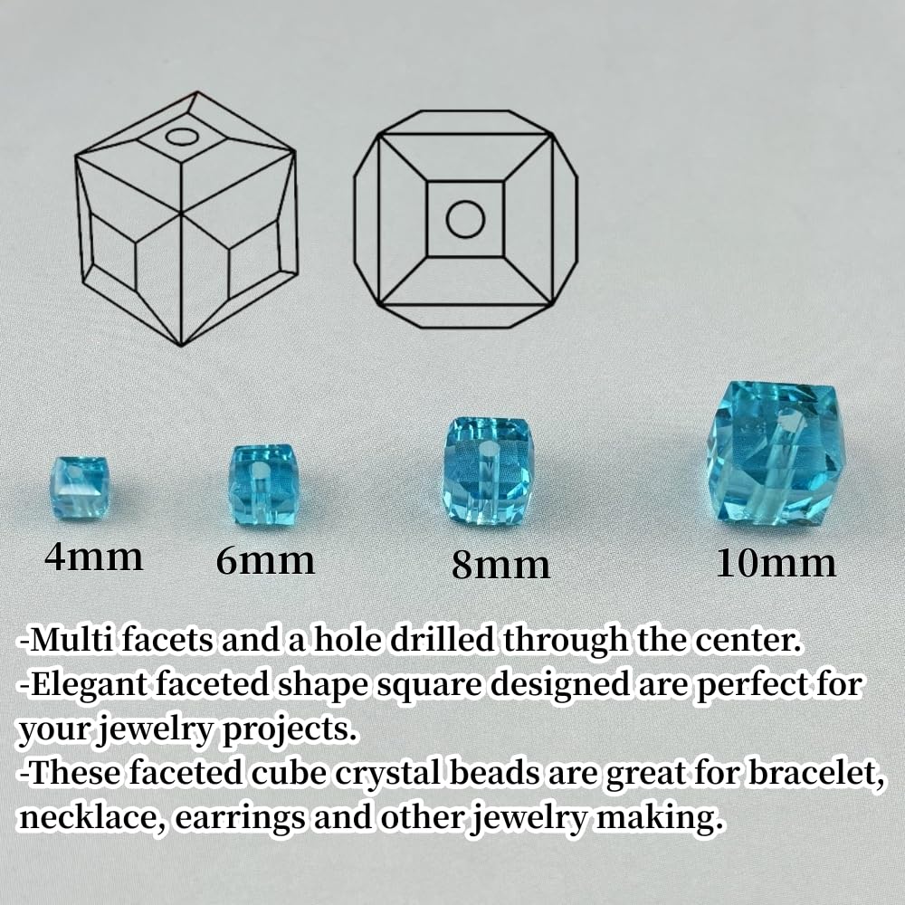 YUEXIGO 100pcs 6mm Cube Crystal Glass Beads for Jewelry Making Faceted Square Crystal Glass Bead Spacer Beads Loose Beads for Bracelet Earring Necklace DIY Craft(Lake Blue)