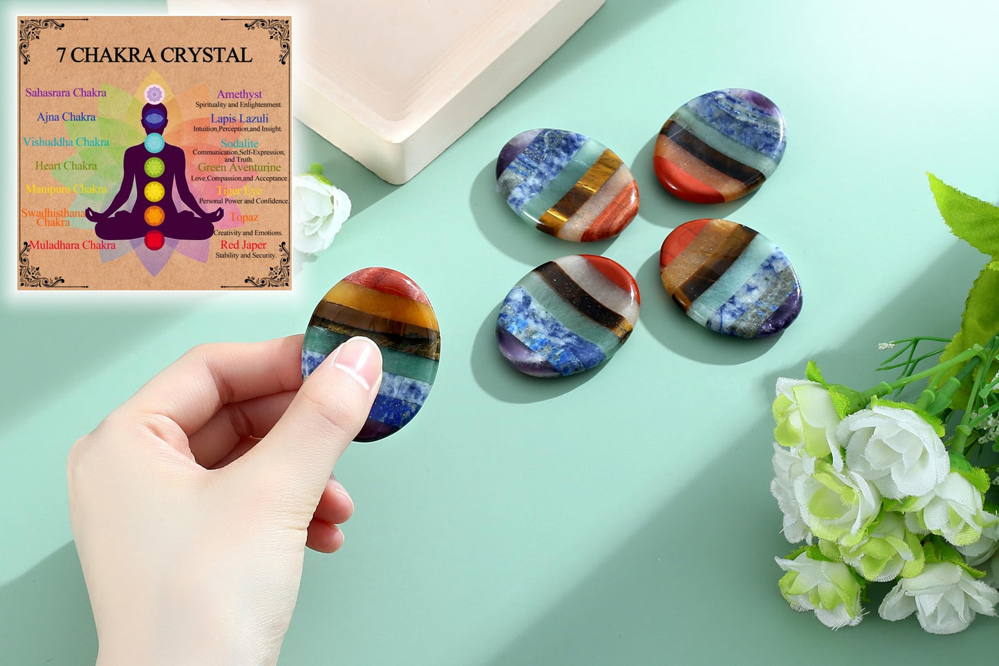 NUKAYAI Worry Stone Crystals and Healing Stones Anxiety Fidgets Natural Meditation Accessories 7 Chakra Thumb Sensory Mental Health Depression Stress Anxiety Relief Items Mother's Day Gifts for Women