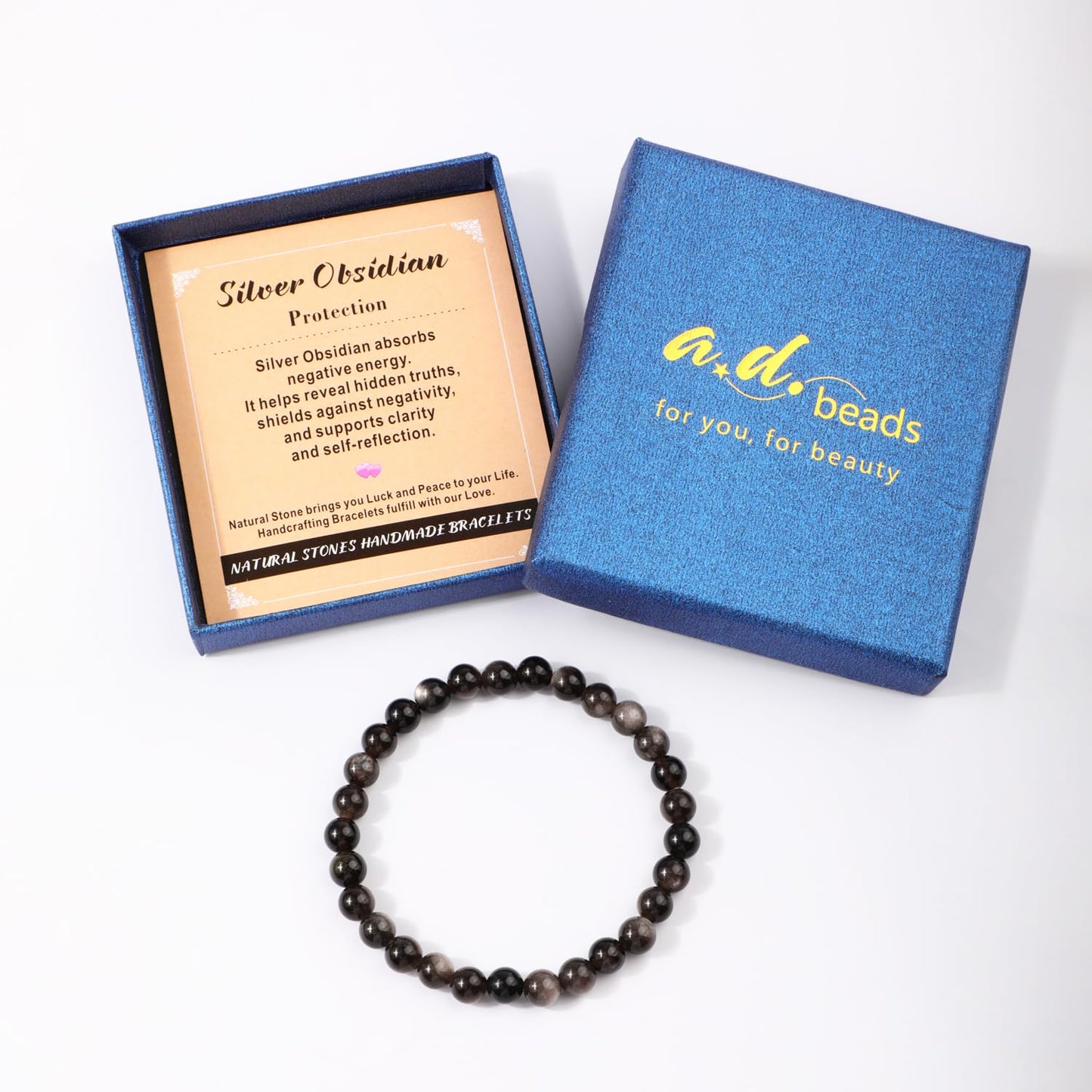AD Beads 10mm Handmade Silver Obsidian Elastic Bracelet – Natural Gemstone for Protection – Meditation, Yoga, Healing and Energy Gift for Men Women