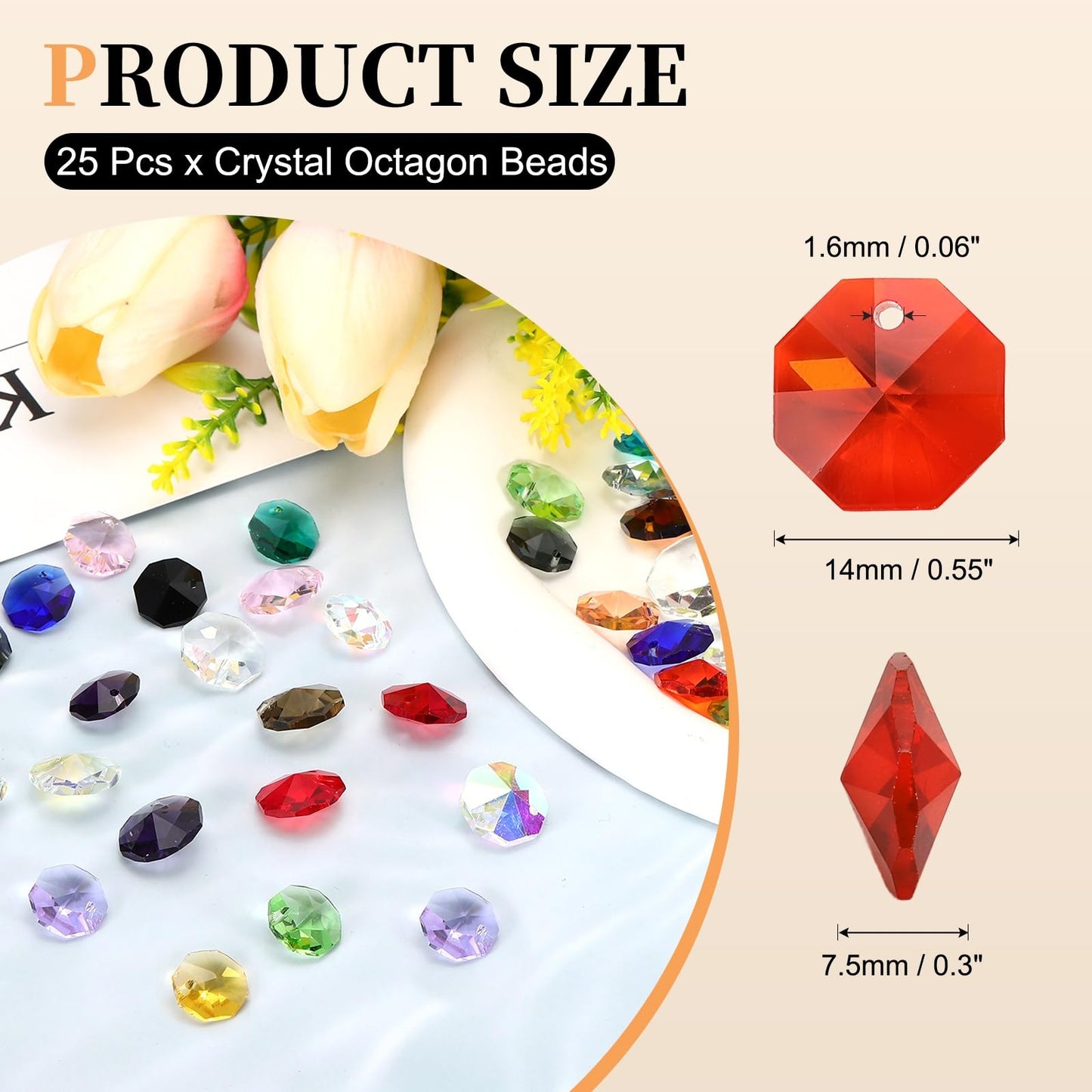 uxcell 25Pcs 1 Hole Crystal Octagon Beads, 14mm K9 Glass Hanging Chandelier Beads Prisms Parts for Crystal Chandeliers Lamp Hanging Pendant Jewelry DIY Craft, Orange Red
