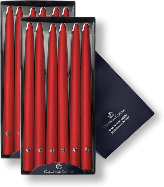 Colonial Candle Unscented Taper Candle, Handipt Collection, Red, 12 In, Pack of 12 - Up to 10 Hours Burn