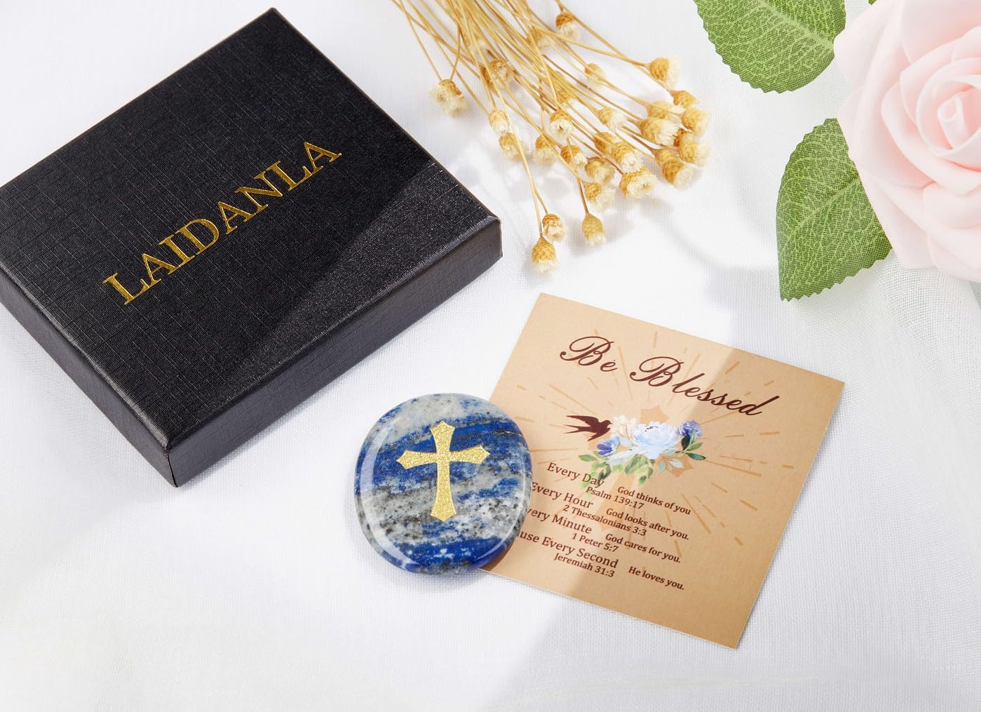 LAIDANLA Lapis Lazuli Cross Engraved Healing Crystal Worry Stones for Pray Faith Anxiety Relief Oval Palm Stone Polished Natural Crystal Gifts