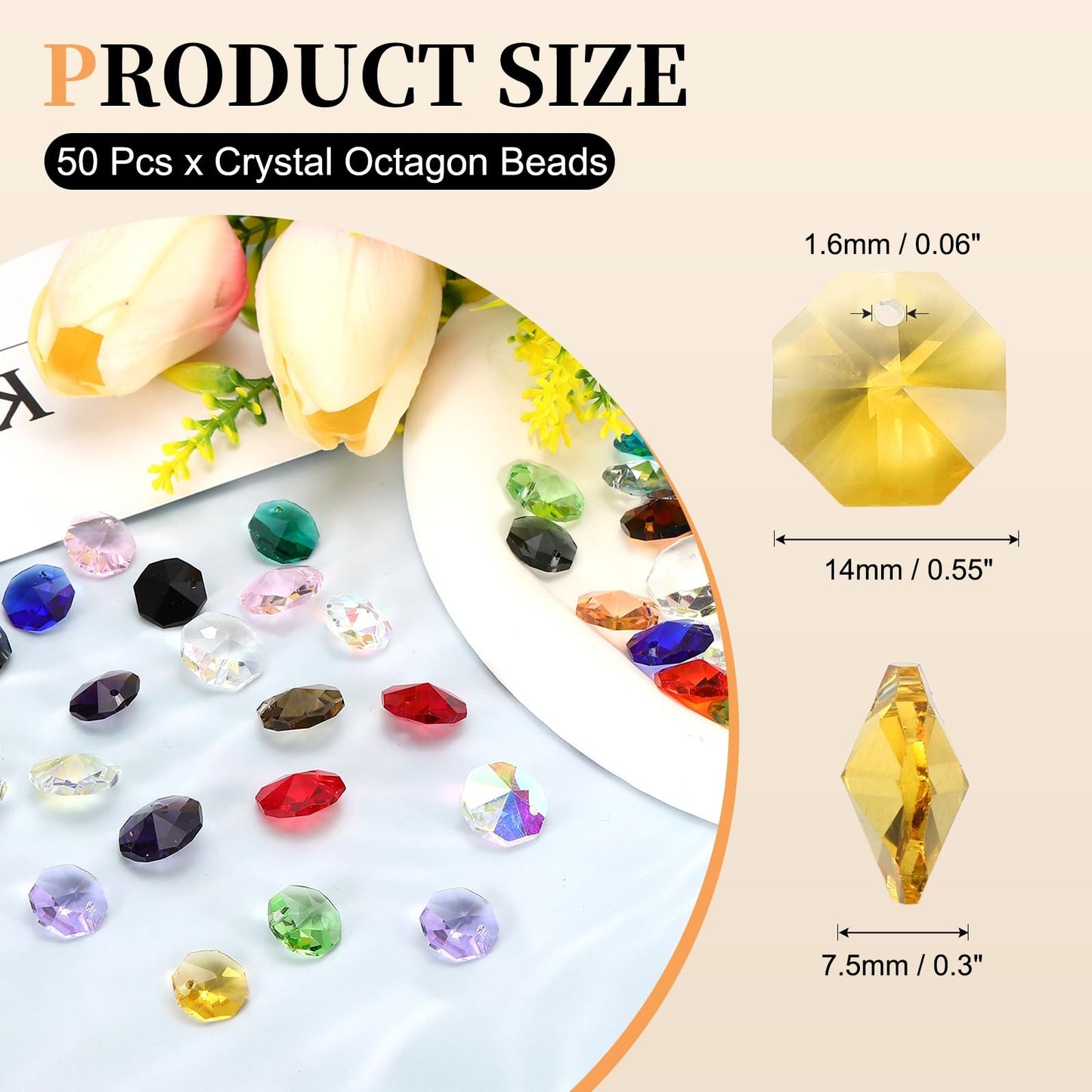 uxcell 50Pcs 1 Hole Crystal Octagon Beads, 14mm K9 Glass Hanging Chandelier Beads Prisms Parts for Crystal Chandeliers Lamp Hanging Pendant Jewelry DIY Craft, Yellow