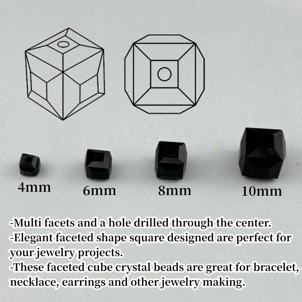 YUEXIGO 200pcs 4mm Cube Crystal Glass Beads for Jewelry Making Faceted Square Crystal Glass Bead Spacer Beads Loose Beads for Bracelet Earring Necklace DIY Craft(Black)