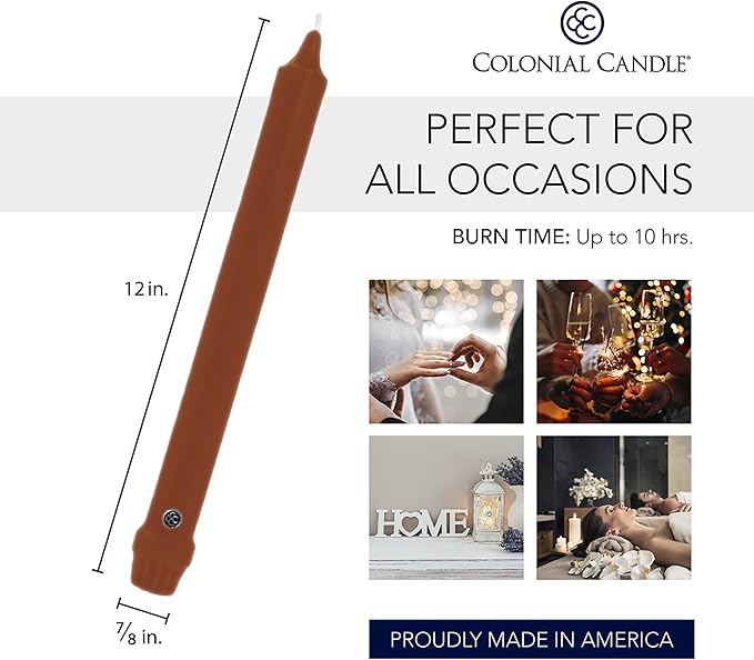 Colonial Candle Unscented Taper Candle, Classic Collection, Amber, 12 in, Pack of 12 - Up to 10 Hours Burn