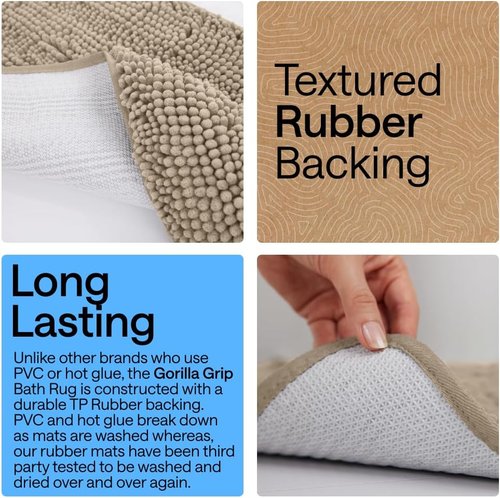 GORILLA GRIP Bath Rug Mat - Plush Absorbent Shaggy Chenille for Square Toilet Base - Gray Beige, Machine Washable