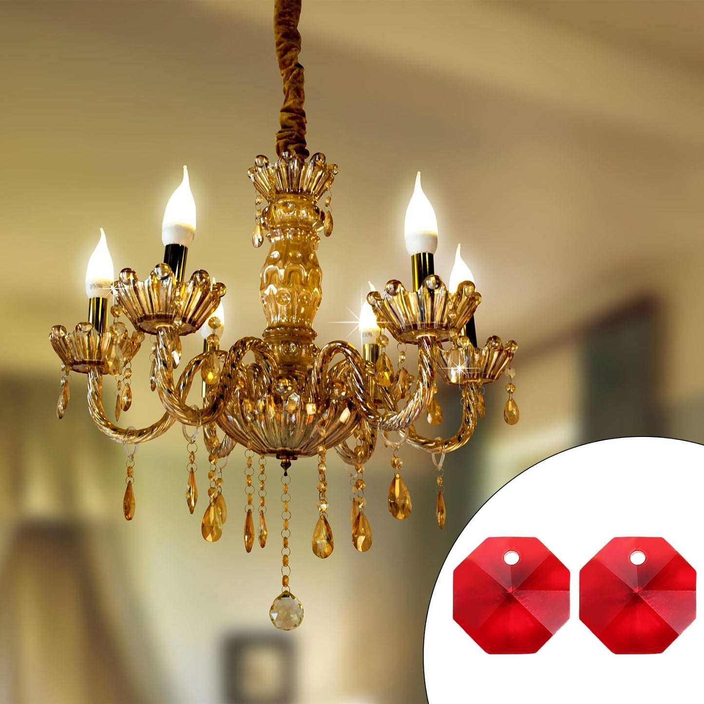 uxcell 25Pcs 1 Hole Crystal Octagon Beads, 14mm K9 Glass Hanging Chandelier Beads Prisms Parts for Crystal Chandeliers Lamp Hanging Pendant Jewelry DIY Craft, Red