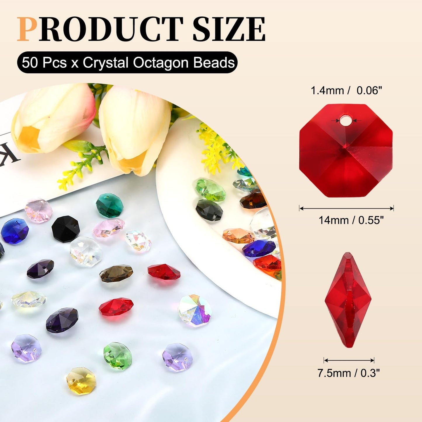 uxcell 50Pcs 1 Hole Crystal Octagon Beads, 14mm K9 Glass Hanging Chandelier Beads Prisms Parts for Crystal Chandeliers Lamp Hanging Pendant Jewelry DIY Craft, Dark Red