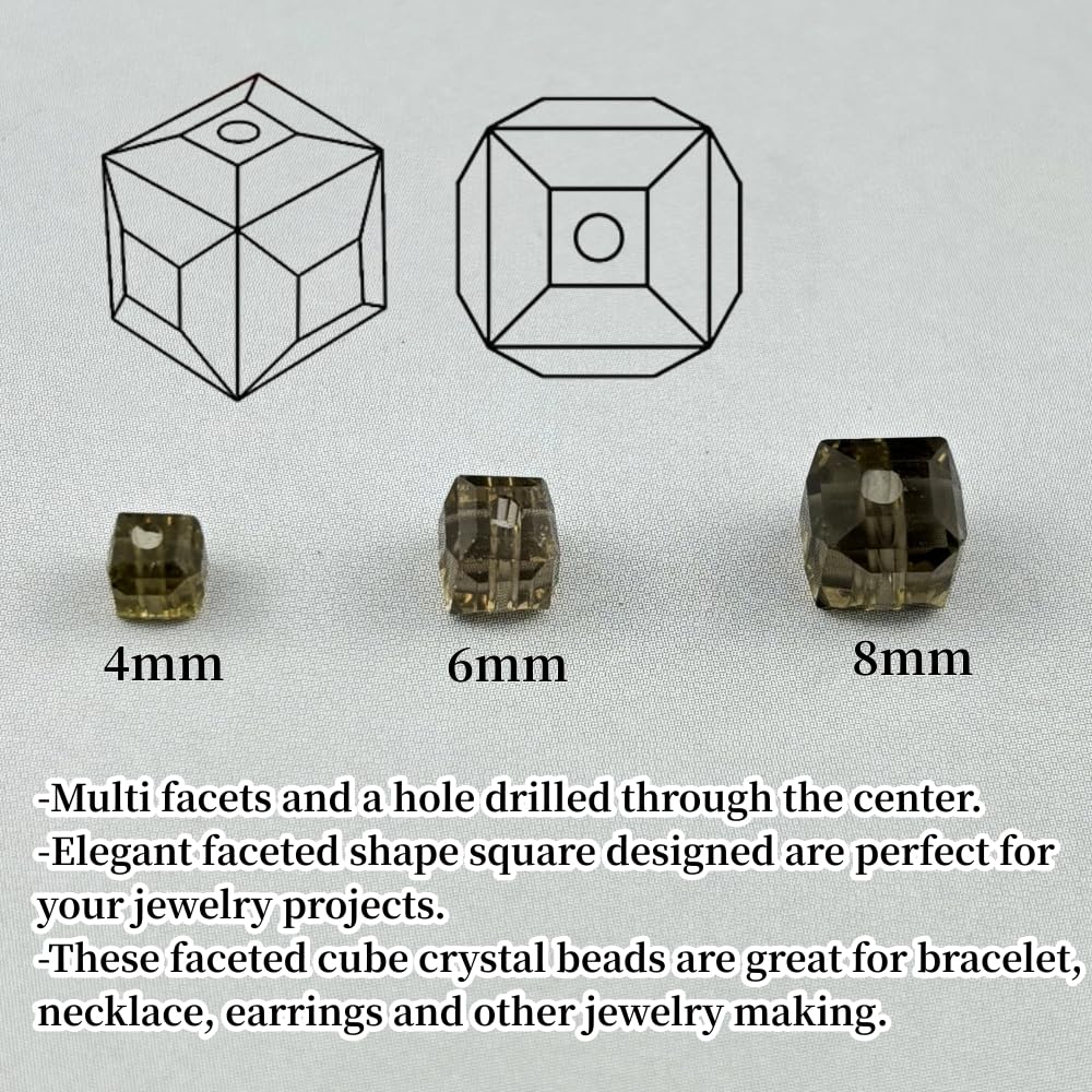 YUEXIGO 100pcs 6mm Cube Crystal Glass Beads for Jewelry Making Faceted Square Crystal Glass Bead Spacer Beads Loose Beads for Bracelet Earring Necklace DIY Craft(Gray)