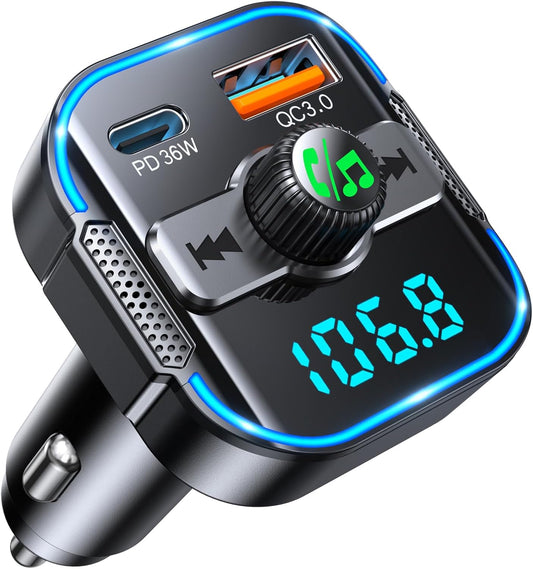 RIWUSI 5.3 36W+QC3.0 18W, 2-in-1 Bluetooth Car AdapterPD FM Bluetooth Transmitter Dual Stronger Mics& Fast Car Charger