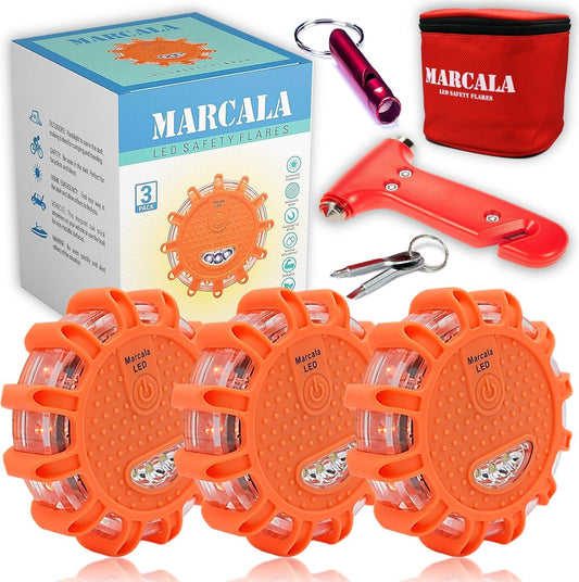 Marcala 3‑Pack LED Road Flares | DOT Compliant Emergency Lights for Vehicles with Batteries, Whistle & Case | Flares Emergency Road | Emergency Flares | Perfect For Gifting or Everyday Roadside Safety