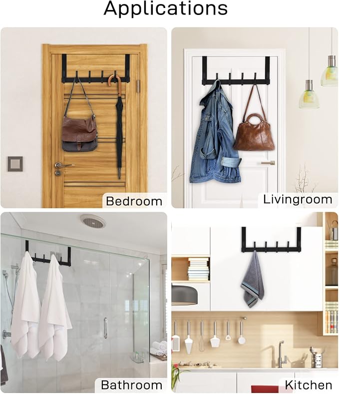 Optish Over The Door Hooks, Door Hanger Hooks for Hanging, Over The Doors Towel Racks for Bathroom with 12 Coat Hook, Coat Rack Bathroom Accessories（2 Pack, Black）