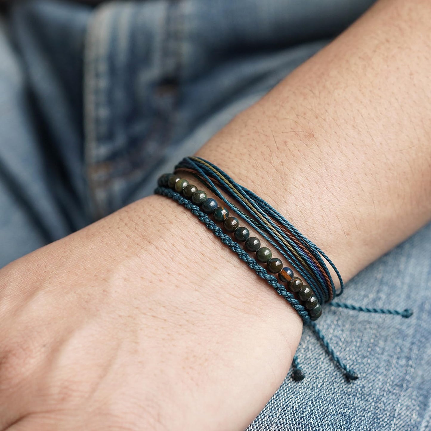 Handmade Natural Stone Beaded Healing Bracelet Gift for Men Adjustable Rope String Bracelet (Peacock Jasper, Adjustable)