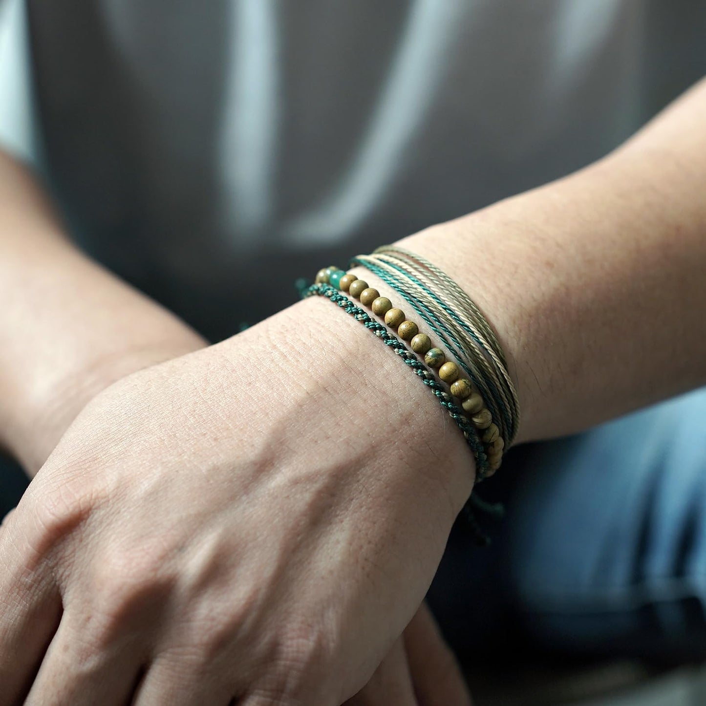 Handmade Natural Stone Beaded Healing Bracelet Gift for Men Adjustable Rope String Bracelet (Green Loong Jasper, Adjustable)