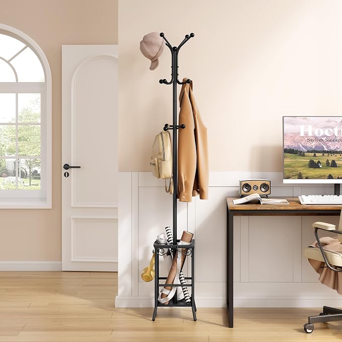 Hoctieon Coat Rack Freestanding, Coat Tree with Umbrella Holder, Metal Coat Rack Stand with 12 Hooks, Standing Coat Hanger Stand, Umbrella Stand for Entryway, Hat Rack Stand for Home Office, Black