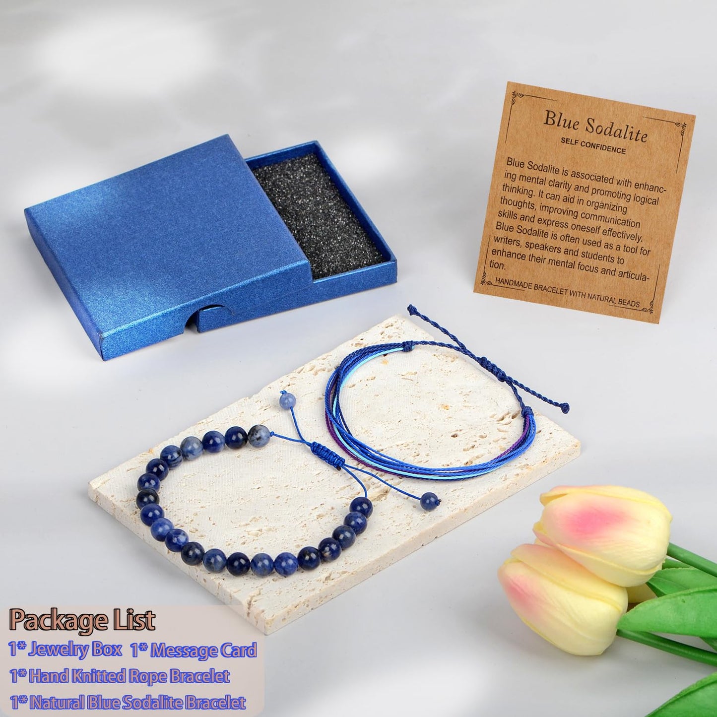 LPBeads 8mm Blue Sodalite Bracelet with Handmade Rope Bracelet Size Adjustable Natural Stone Crystal Healing Bracelets Gifts for Unisex Adults