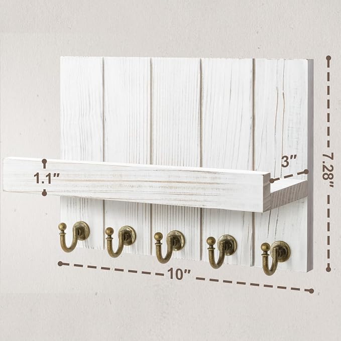 Rebee Vision Farmhouse Key Holder for Wall - Decorative Mail Organizer & Key Rack Wall Mount - Elegant 5 Sturdy Key Hooks with Floating Shelf for Living Room Decor (Whitewash, 3.54"D x 10"W x 7.28"H)