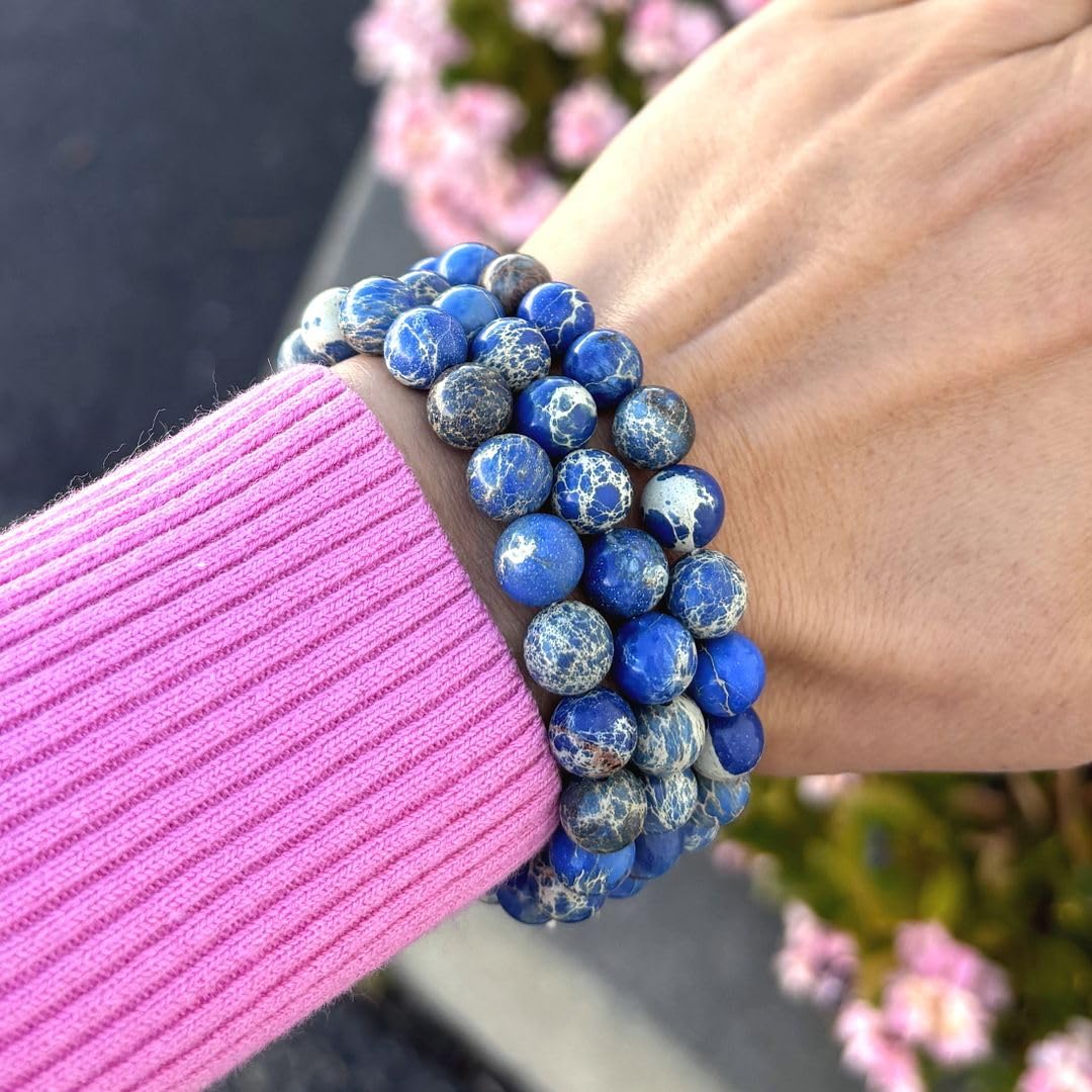 Adabele Real Natural Blue Impression Aqua Terra Sea Sediment Jasper Gemstone Beaded Bracelet 7 inch Stretch Chakra Healing Crystal Stone Jewelry Women Mom Gift GB8-B3