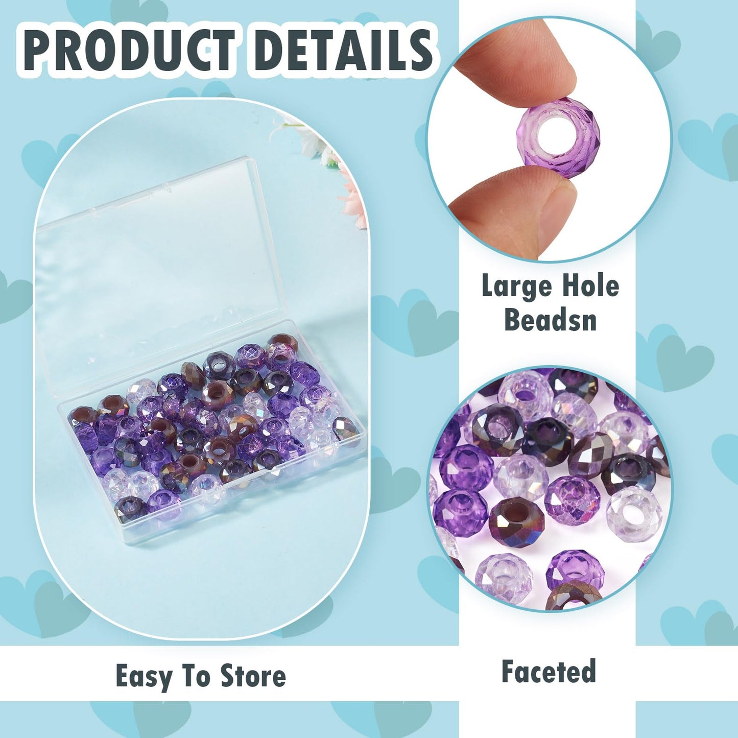 Craftdady 50Pcs Large Hole European Beads Glass Faceted Crystal Bead AB Color Rondelle Loose Bead Purple Color Theme Beads for Crafts DIY Necklace Bracelet Jewelry Making Hole: 5.5-6mm