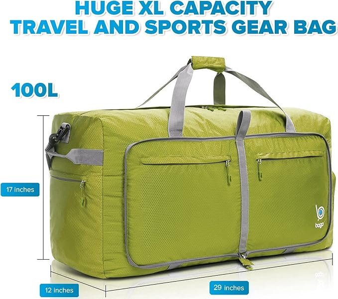Bago Large Foldable Duffel Bags for Traveling Women & Men - 100L Packable Duffle Bag for Travel with Shoe Compartment - Water Repellant, Heavy Duty, Lightweight Folding & Collapsible (Green)