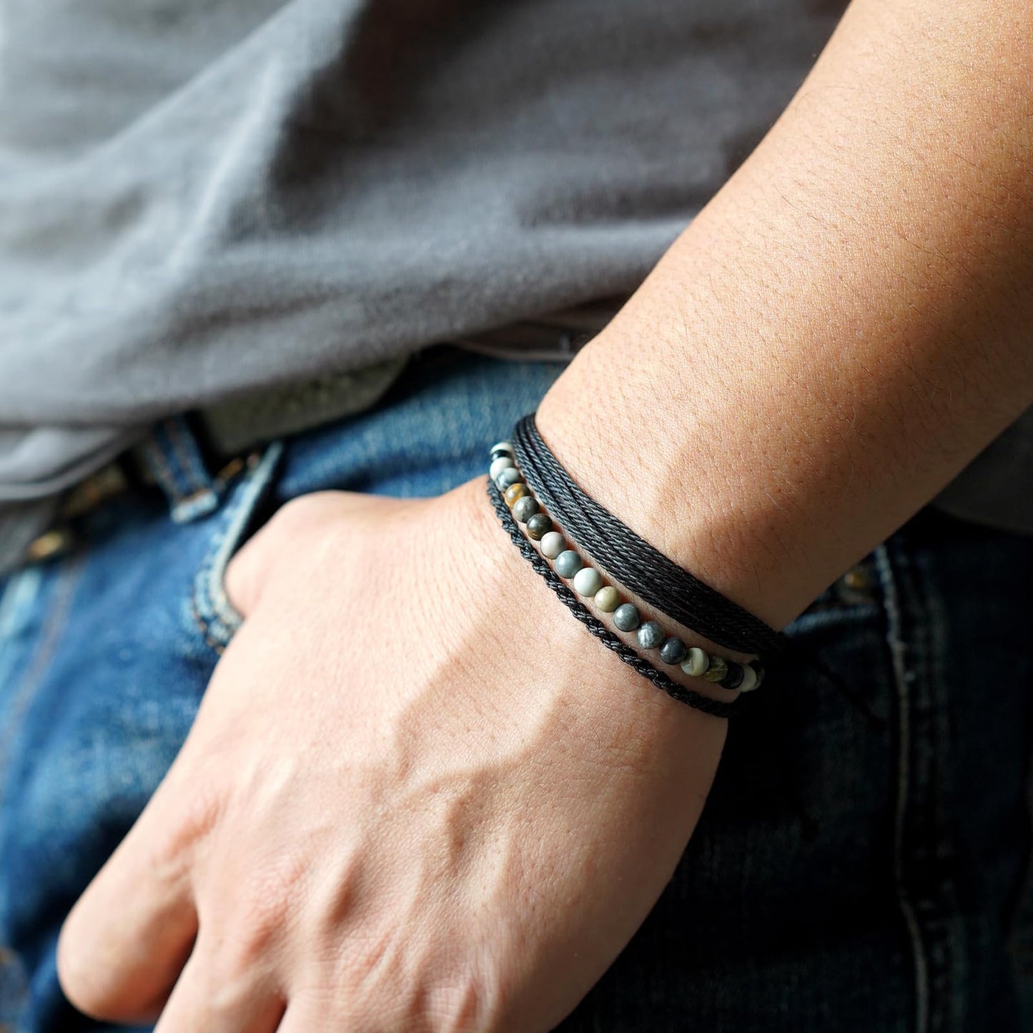 Handmade Natural Stone Beaded Healing Bracelet Gift for Men Adjustable Rope String Bracelet (Black Picasso, Adjustable)
