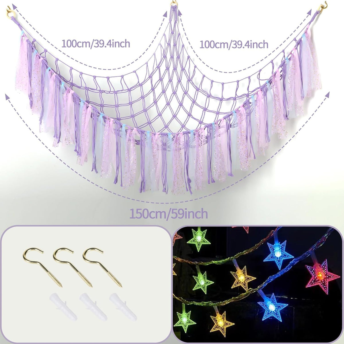 Skiennix Stuffed Animal Hammock with LED Lights - 59-Inch Plush Toy Storage Net for Kids' Rooms | Handwoven Purple Decor