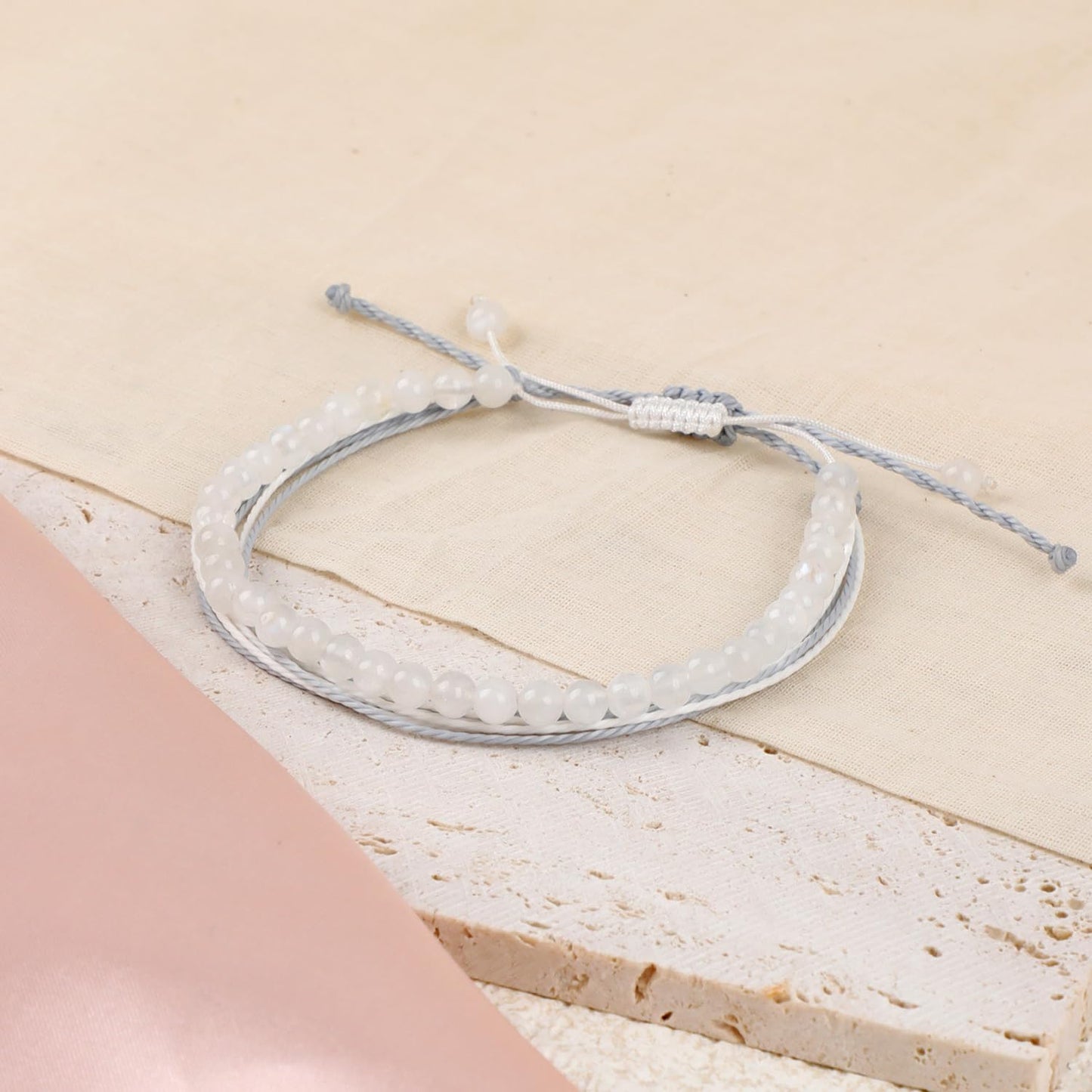 LPBeads 4mm White MoonStone Bracelet with Handmade Rope Bracelet Size Adjustable Natural Stone Crystal Healing Bracelets Gifts for Unisex Adults