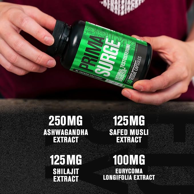 Jacked Factory Testosterone Booster for Men PRIMASURGE - w/Tongkat Ali, PrimaVie, Ashwagandha - Boost Vitality, Muscle Growth & Energy | Natural Test Booster Supplement - 120 Veggie Pills