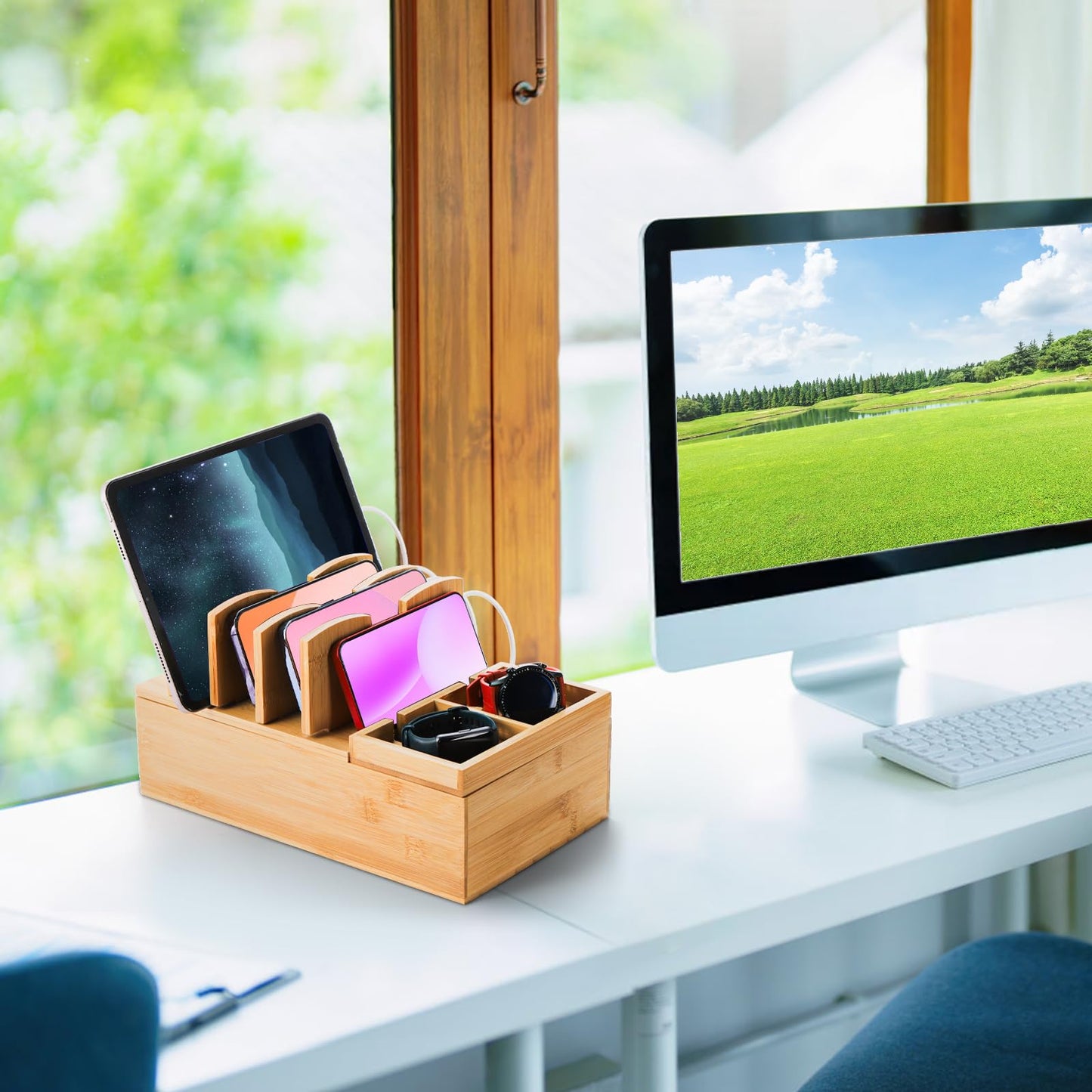 Fasmov Bamboo Charging Station, Charging Stand for Multiple Devices, Electronic Device Desktop Dock Stations Organizer, Cell Phone Docking Stations for Multi Laptop, Tablets, IPads, Watch, Earbuds