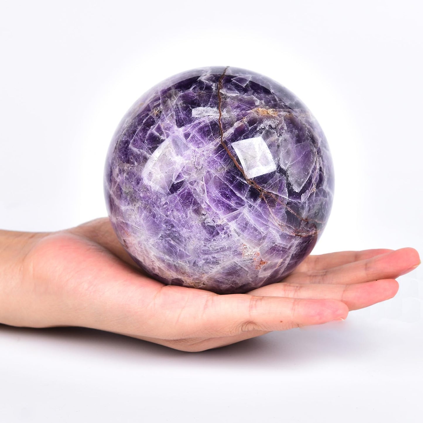 JIC Gem Large Crystal Ball Chevron Amethyst Healing Crystals Sphere with Wooden Stand Meditation Home Decor 3.5-4 inch (90-100mm)