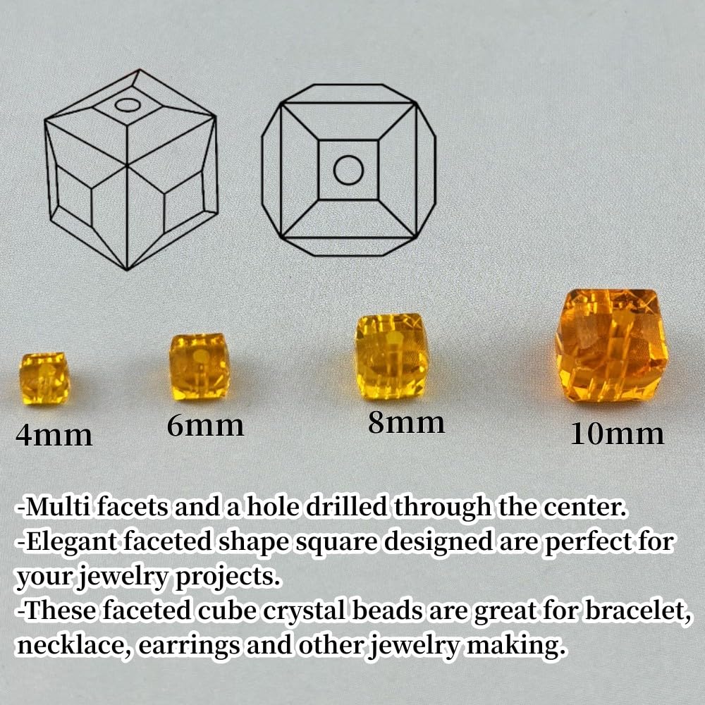 YUEXIGO 100pcs 6mm Cube Crystal Glass Beads for Jewelry Making Faceted Square Crystal Glass Bead Spacer Beads Loose Beads for Bracelet Earring Necklace DIY Craft(Orange)