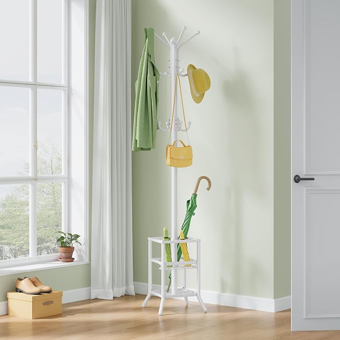 FAVOOSTY Coat Rack Freestanding,Coat Rack Stand with Umbrella Holder,Metal Coat Tree with 12 Hooks,Tree Clothes Hat for Entryway, Hallway, Bedroom, Living Room & Office -White