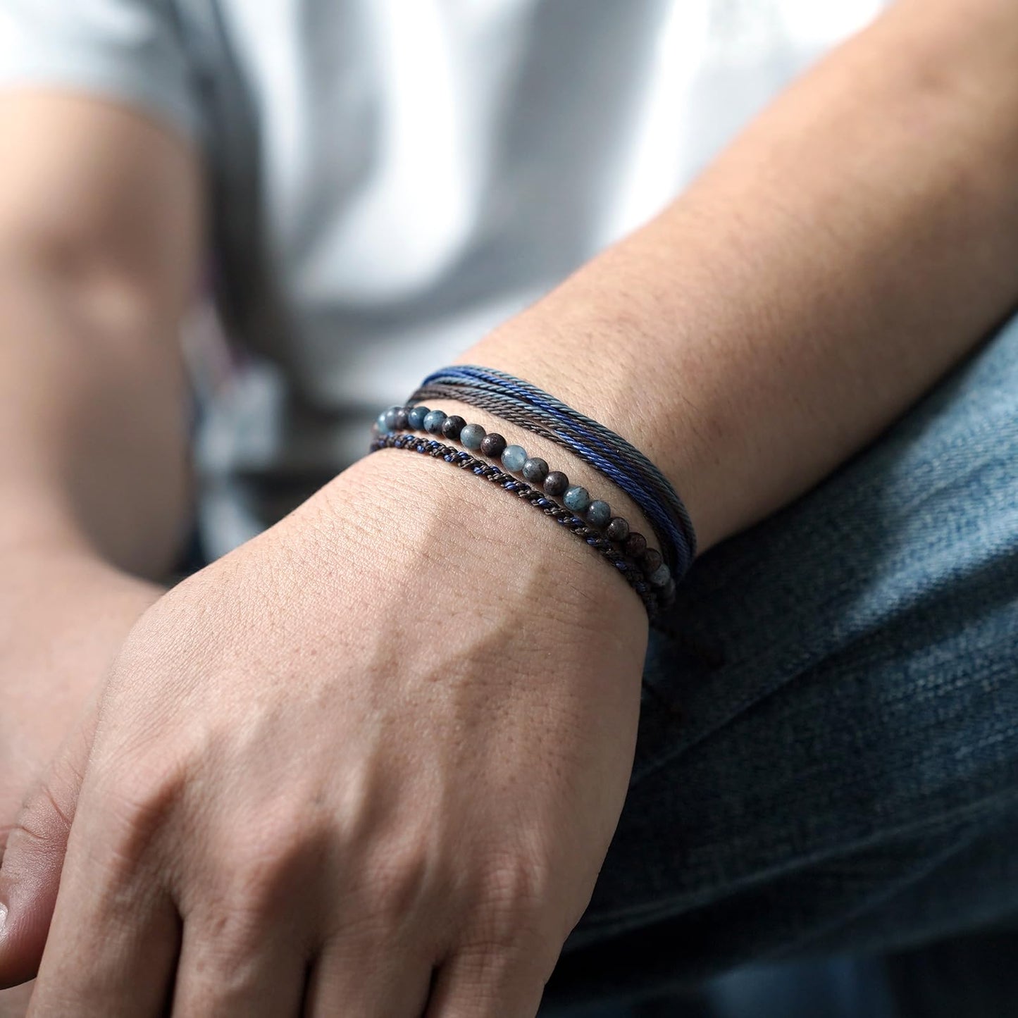 Handmade Natural Stone Beaded Healing Bracelet Gift for Men Adjustable Rope String Bracelet (Blue/Coffee Jasper, Adjustable)